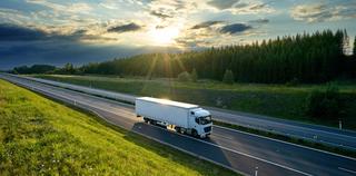 A lorry on a tree-lined motorway