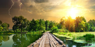 calming storm above a wooden pathway
