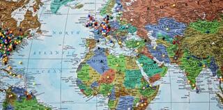 word map with dotted colorful pins