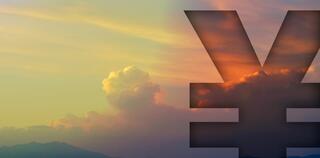 Japanese Yen sign in a turbulent sky