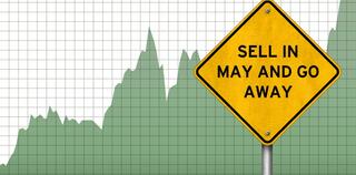Sell in may and go away yellow sign with green chart underneath