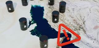 Red warning sign and oil barrels on a map of the Strait of Hormuz and Iran.