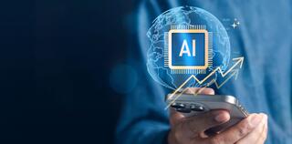 Man holding smartphone with artificial intelligence microchip and earth digital graphic.