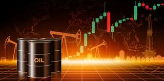 hart of oil price growth per barrel. Crude oil barrels on dark abstract desert background.