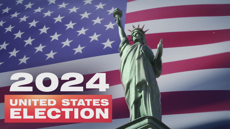 The Statue of Liberty with inscription of 2024 Presidential Election in the United States and waving American flag animation in the backgroung