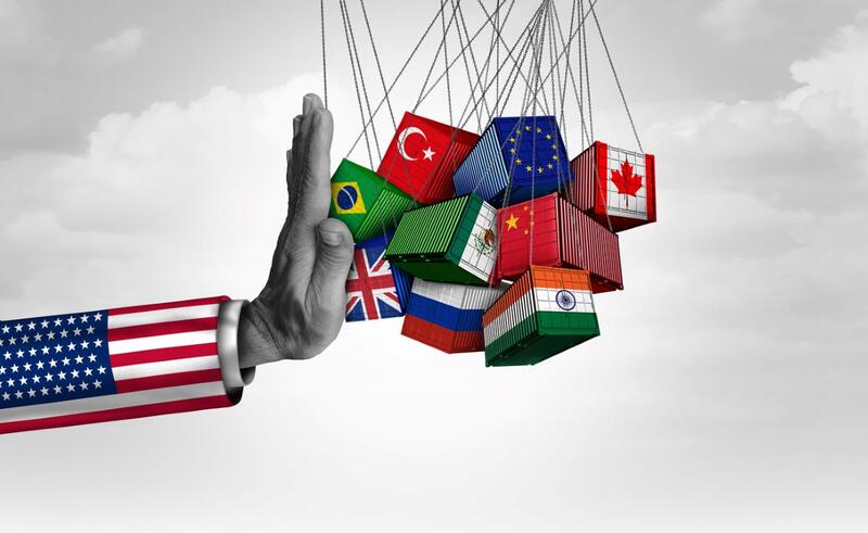 S Trade Barrier Tarrif as American Economic Protectionism and rade Isolation or USA government Protectionist Policy as import taxes or Tariffs in imports.