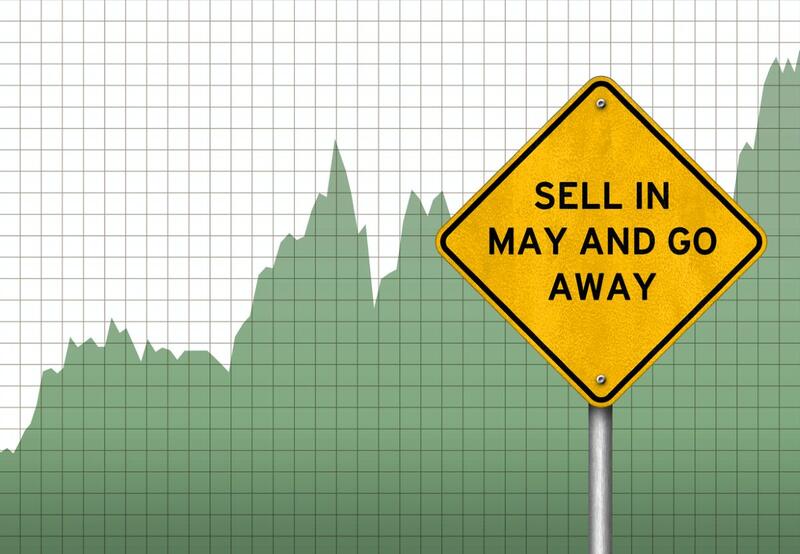Sell in may and go away yellow sign with green chart underneath