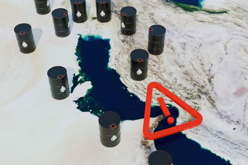 Red warning sign and oil barrels on a map of the Strait of Hormuz and Iran.
