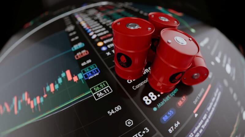Red Oil Barrels and Oil and Gas Price Charts in the screen