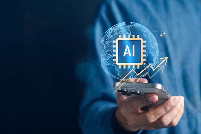 Man holding smartphone with artificial intelligence microchip and earth digital graphic.