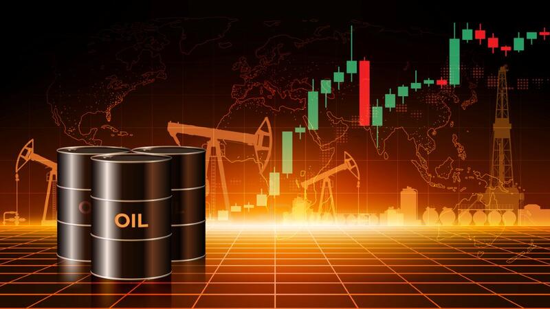 hart of oil price growth per barrel. Crude oil barrels on dark abstract desert background.